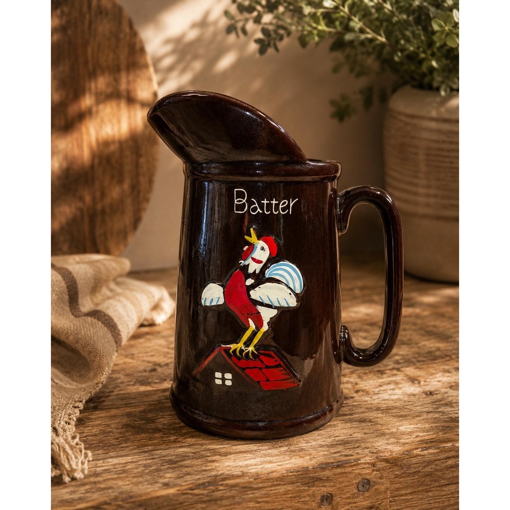 Vintage MidCentury Redware Rooster Batter Pitcher Brown Glazed HandPainted Japan